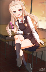Rule 34 | 1girl, bc freedom school uniform, blonde hair, blush, breasts, classroom, drill hair, girls und panzer, green eyes, highres, indoors, long hair, looking at viewer, marie (girls und panzer), megadeko, miniskirt, open mouth, school uniform, sitting, skirt, small breasts, smile, solo, thighs