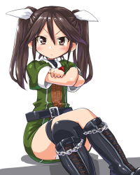 Rule 34 | &gt;:(, 10s, 1girl, boots, bow, bowtie, brown eyes, brown hair, cross-laced footwear, crossed arms, crossed legs, dd (ijigendd), frown, hair ribbon, kantai collection, lace-up boots, ribbon, solo, tone (kancolle), twintails, v-shaped eyebrows