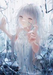Rule 34 | 1girl, bare shoulders, blue background, bow, chinese text, closed mouth, commentary request, cowboy shot, dress, dress bow, dress flower, english text, expressionless, eyelashes, flower, glass shards, hand on wall, hands up, highres, holding, liquid, long hair, looking at viewer, nyaon oekaki, open hand, original, solo, standing, two-tone background, wading, wall, watermark, white background, white bow, white dress, white eyes, white flower, white hair