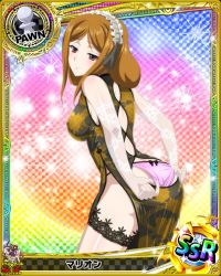 Rule 34 | 10s, 1girl, artist request, ass, brown eyes, brown hair, card (medium), character name, chess piece, chinese clothes, high school dxd, marion (high school dxd), official art, pawn (chess), solo, thighhighs, trading card, underwear