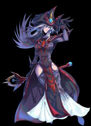 Rule 34 | 1girl, absurdres, black background, black dress, black gloves, black headwear, breasts, dress, duel monster, gloves, grey eyes, hat, highres, hip vent, holding, holding staff, long hair, medium breasts, multicolored clothes, multicolored dress, red dress, silent magician, simple background, solo, spiked hair, staff, vincent graphic art, white hair, witch, witch hat, yu-gi-oh!