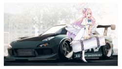 Rule 34 | 1girl, absurdres, black footwear, blue archive, blush, border, cape, car, dress, feathered wings, flower, full body, green car, hair bun, hair flower, hair ornament, halo, high heels, highres, holding, holding suitcase, jun project, long hair, looking at viewer, mazda rx-7, mazda rx-7 fd, mika (blue archive), motor vehicle, open mouth, pantyhose, pink hair, purple flower, single side bun, smile, solo, spoiler (automobile), suitcase, white border, white cape, white dress, white halo, white pantyhose, white wings, wings, yellow eyes