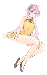 Rule 34 | 1girl, ameyame, arm support, bad id, bad pixiv id, bare legs, bare shoulders, blush, breasts, china dress, chinese clothes, dress, flats, flower, frown, hair flower, hair ornament, highres, invisible chair, legs, looking away, purple eyes, purple hair, shoes, short hair with long locks, sitting, sleeveless, sleeveless dress, solo, sweatdrop, touhou, tsukumo benben