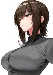 Rule 34 | 1girl, bonnou 109, breasts, brown eyes, brown hair, bursting breasts, closed mouth, commentary, dress shirt, girls und panzer, grey shirt, half-closed eyes, highres, kuromorimine school uniform, large breasts, light blush, light smile, long sleeves, looking to the side, nishizumi maho, school uniform, shirt, short hair, simple background, solo, upper body, white background, wing collar