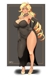 Rule 34 | 1girl, armpits, black dress, blonde hair, blush, breasts, cleavage, commission, dark-skinned female, dark skin, dress, drill hair, gold footwear, grey scarf, hand on own hip, hand on own thigh, high heels, large breasts, long hair, mixology, noart 0, olphasia, plump, purple eyes, scarf, shadow, solo, thick thighs, thighs
