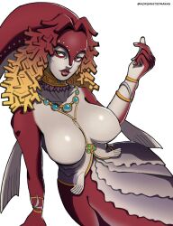 Rule 34 | 1girl, bracelet, breasts, collar, collarbone, colored skin, fins, fish girl, green eyes, highres, jewelry, large breasts, lips, looking to the side, necklace, nintendo, parted lips, red lips, red skin, rutela, solo, the legend of zelda, the legend of zelda: twilight princess, white background, zora