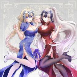 Rule 34 | 2girls, alternate costume, black legwear, blonde hair, blue eyes, braid, breasts, china dress, chinese clothes, cleavage, cleavage cutout, clothing cutout, dress, fate/apocrypha, fate/grand order, fate (series), garter straps, headpiece, heart, heart cutout, high heels, jeanne d&#039;arc (fate), jeanne d&#039;arc (ruler) (fate), jeanne d&#039;arc alter (avenger) (fate), jeanne d&#039;arc alter (fate), long hair, multiple girls, navel, navel cutout, omizu (omz), ponytail, pumps, side slit, thighhighs, white legwear, yellow eyes