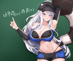 1girl absurdres arm_behind_head armpits black_hat black_shorts blue_eyes breasts chalkboard character_request cleavage collarbone commission copyright_request cross-laced_clothes cross-laced_sleeves deogho_(liujinzy9854) detached_sleeves grey_hair hat heart highres large_breasts long_hair midriff multicolored_clothes multicolored_shorts navel panty_straps shadow short_shorts shorts solo stomach tail