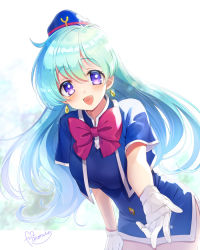 Rule 34 | 1girl, blue dress, blue hair, blue hat, blush, bow, bowtie, breasts, commentary request, commission, dress, earrings, flight attendant, gloves, hat, jewelry, large breasts, long hair, looking at viewer, maronie., open mouth, outstretched arm, purple eyes, red bow, red bowtie, short sleeves, skeb commission, smile, solo, tenjouin katsura, travel attendant, uniform, white gloves, yat anshin uchuu ryokou