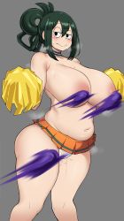 Rule 34 | 1girl, areola slip, assisted exposure, asui tsuyu, black eyes, blush, boku no hero academia, breasts, cameltoe, chamchami, cheerleader, closed mouth, convenient censoring, green hair, half-closed eyes, highres, huge breasts, navel, panties, plump, pom pom (cheerleading), standing, steaming body, sweat, thick thighs, thighs, topless, undersized clothes, underwear, wet