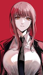 Rule 34 | 1girl, absurdres, black necktie, braid, braided ponytail, breasts, business suit, chainsaw man, collared shirt, formal, highres, large breasts, long coat, looking at viewer, makima (chainsaw man), necktie, office lady, red background, red hair, ringed eyes, sak (lemondisk), shirt, solo, standing, suit, upper body, yellow eyes