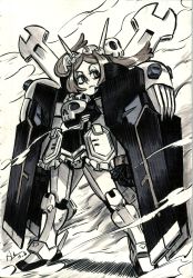 Rule 34 | 1girl, alex ahad, armor, bags under eyes, bloody marie (skullgirls), clenched hands, crossbone gundam, crossbone gundam x-1, crossover, fin funnels, frills, full body, fusion, gundam, hair ornament, highres, horns, maid headdress, marker (medium), mecha musume, monochrome, parted bangs, pauldrons, pun, serious, shoulder armor, signature, skull hair ornament, skullgirls, solo, standing, traditional media, twintails