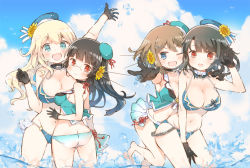 Rule 34 | 4girls, adapted costume, armpits, atago (kancolle), bad id, bad pixiv id, beret, bikini, black gloves, black hair, blonde hair, blue bikini, blue eyes, blue sky, blush, breasts, brown hair, butt crack, choukai (kancolle), cleavage, closed mouth, cloud, cloudy sky, day, flower, gloves, hair flower, hair ornament, hat, kantai collection, large breasts, long hair, looking at viewer, maya (kancolle), medium breasts, multiple girls, ocean, one eye closed, open mouth, red eyes, sailor hat, short hair, sky, sodapop (iemaki), swimsuit, takao (kancolle)