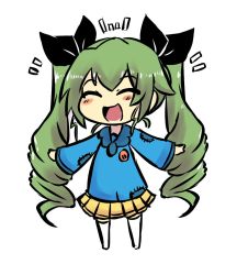 Rule 34 | 1girl, ^ ^, anchovy (girls und panzer), black bow, blue shirt, blush, bow, chibi, closed eyes, deculture, drill hair, facing viewer, full body, girls und panzer, green hair, hair bow, long hair, open mouth, pleated skirt, shirt, sketch, skirt, solo, thighhighs, twin drills, white thighhighs, yellow skirt