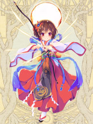 Rule 34 | 1girl, arrow (projectile), bow (weapon), brown hair, copyright request, dairoku ryouhei, dennryuurai, hair ornament, hakama, hakama skirt, japanese clothes, looking at viewer, miko, obi, red eyes, red hakama, sash, short hair, skirt, smile, solo, weapon, wide sleeves