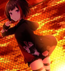 Rule 34 | 1girl, bang dream!, black choker, black hair, black jacket, black shorts, chain-link fence, choker, cloud, cloudy sky, dutch angle, fence, highres, hood, hood down, hooded jacket, jacket, komomo (ptkrx), long sleeves, looking at viewer, looking to the side, mitake ran, multicolored hair, open clothes, open jacket, parted lips, red eyes, red hair, red shirt, shirt, short hair, short shorts, shorts, sky, solo, streaked hair, sunset, thigh strap