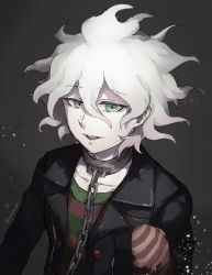 Rule 34 | 1boy, artist name, bad id, bad twitter id, black jacket, chain, collar, collarbone, commentary request, danganronpa (series), danganronpa another episode: ultra despair girls, grey background, grey hair, hair between eyes, highres, jacket, komaeda nagito, looking at viewer, male focus, messy hair, metal collar, mittens, official alternate costume, open clothes, open jacket, open mouth, pale skin, servant (danganronpa), shirt, smile, solo, spiked collar, spikes, striped clothes, striped shirt, teeth, tetose, upper body, upper teeth only, white hair