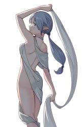 Rule 34 | 1girl, arm up, back, bare arms, bare shoulders, brown eyes, dress, from behind, grey hair, highres, long hair, looking at viewer, looking back, original, pointy ears, ponytail, revealing clothes, saiste, shawl, shoulder blades, simple background, smile, solo, thighs, white background, white dress