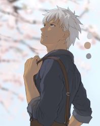 Rule 34 | 1boy, archer (fate), bad id, bad twitter id, bag, black shirt, blurry, blurry background, brown bag, brown eyes, dark skin, fate (series), from side, grey hair, highres, looking up, male focus, mondi hl, shirt, short hair, shoulder bag, sleeves past elbows, sleeves pushed up, sleeves rolled up, smile, solo, upper body