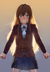 Rule 34 | 1girl, aisaka taiga, backlighting, black ribbon, blue skirt, blush, brown eyes, brown hair, clenched hands, clenched teeth, crying, crying with eyes open, dugnul, gradient background, hair between eyes, long hair, looking at viewer, neck ribbon, ribbon, skirt, solo, standing, tears, teeth, toradora!