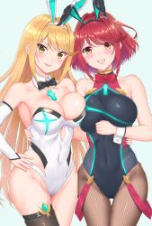 Rule 34 | &gt;:), 2girls, adapted costume, animal ears, arm across chest, asymmetrical docking, bare shoulders, black bow, black hairband, black legwear, black one-piece swimsuit, blonde hair, blue background, bow, bowtie, breast press, breasts, brown eyes, brown legwear, cleavage, closed mouth, collarbone, commentary request, competition swimsuit, covered navel, detached collar, detached sleeves, dual persona, fake animal ears, female focus, fishnet pantyhose, fishnets, gem, grin, hairband, hand on own hip, highres, large breasts, leotard, long hair, long sleeves, looking at viewer, multiple girls, mythra (radiant beach) (xenoblade), mythra (xenoblade), nemunemu semi, nervous smile, nintendo, one-piece swimsuit, pantyhose, pantyhose under swimsuit, pink lips, playboy bunny, pyra (pro swimmer) (xenoblade), pyra (xenoblade), rabbit ears, red bow, red hair, red neckwear, short hair, simple background, single thighhigh, skin tight, skindentation, smile, smug, standing, straight hair, strapless, strapless leotard, strapless one-piece swimsuit, swept bangs, swimsuit, teeth, thigh gap, thigh strap, thighhighs, v-shaped eyebrows, very long hair, white hairband, white leotard, wrist cuffs, xenoblade chronicles (series), xenoblade chronicles 2, yellow eyes