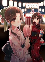 Rule 34 | 10s, 3girls, alternate costume, alternate hairstyle, bow, brown eyes, brown hair, candy apple, double bun, hand fan, floral print, food, from side, hair bow, hair intakes, hair ribbon, half updo, holding, holding food, japanese clothes, jintsuu (kancolle), kantai collection, kimono, koruri, lantern, long hair, long sleeves, looking at viewer, multiple girls, naka (kancolle), obi, one eye closed, open mouth, paper fan, paper lantern, pouch, remodel (kantai collection), ribbon, sash, sendai (kancolle), shaved ice, short hair, sidelocks, smile, market stall, summer festival, tongue, tongue out, two side up, uchiwa, yukata
