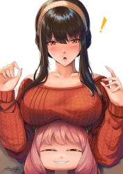 Rule 34 | !, 2girls, :o, age difference, anya&#039;s heh face (meme), anya (spy x family), black hair, blush, breast rest, breasts, breasts on head, child, collarbone, grin, hair between eyes, hairband, hands up, hiroki ree, large breasts, long hair, looking at viewer, meme, mother and daughter, multiple girls, narrowed eyes, off-shoulder sweater, off shoulder, onee-loli, pink hair, red eyes, red sweater, sidelocks, signature, smile, spy x family, sweater, upper body, white hairband, yor briar, yuri