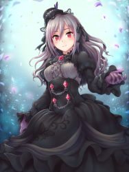 Rule 34 | 10s, 1girl, black dress, center frills, dress, fishnet gloves, fishnets, framed breasts, frills, gloves, gothic lolita, hair down, hat, highres, idolmaster, idolmaster cinderella girls, idolmaster cinderella girls starlight stage, jewelry, juliet sleeves, kanzaki ranko, lolita fashion, long hair, long sleeves, petals, puffy sleeves, red eyes, silver hair, smile, solo, toshi