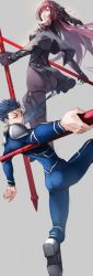 Rule 34 | 1boy, 1girl, armor, ass, blue bodysuit, blue hair, bodysuit, capelet, cu chulainn (fate), dual wielding, fate/grand order, fate (series), foreshortening, gae bolg (fate), gloves, grey background, hair between eyes, highres, holding, holding lance, holding polearm, holding spear, holding weapon, lance, cu chulainn (fate/stay night), long hair, long sleeves, looking at viewer, manly, parted lips, pauldrons, polearm, ponytail, purple bodysuit, purple hair, red eyes, scathach (fate), scathach (fate), shoulder armor, simple background, pauldrons, spear, weapon, yoshio (55level)
