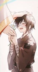 Rule 34 | 2boys, bandaged arm, bandaged head, bandages, black hair, blurry, blush, chinese clothes, crying, depth of field, flower, headpat, highres, holding, holding flower, hua cheng, long sleeves, male focus, multiple boys, open mouth, out of frame, short hair, simple background, smile, tears, teeth, tianguan cifu, torn clothes, upper body, upper teeth only, white background, white flower, wide sleeves, xie lian, young57440489