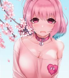 Rule 34 | 1girl, bare shoulders, blue hair, blurry, blush, branch, breasts, cherry blossoms, cleavage, collar, collarbone, fang, frown, hair intakes, heart-shaped lock, highres, idolmaster, idolmaster cinderella girls, large breasts, looking at viewer, multicolored hair, off-shoulder shirt, off shoulder, ompf, open mouth, petals, pink eyes, pink hair, raised eyebrows, shirt, short hair, single bare shoulder, solo, tareme, two-tone hair, upper body, yumemi riamu