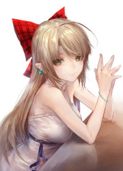 Rule 34 | 1girl, ahoge, bare arms, bare shoulders, blush, bow, bracelet, breasts, closed mouth, commentary request, dress, earrings, elf, from side, green eyes, hair bow, highres, jewelry, large breasts, long hair, looking at viewer, looking to the side, luen kulo, original, plaid, plaid bow, pointy ears, red bow, simple background, sleeveless, sleeveless dress, smile, solo, table, white background, white dress