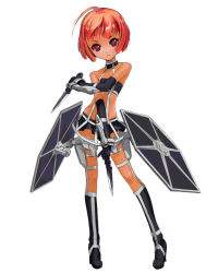 Rule 34 | 1girl, boots, dark-skinned female, dark skin, dual wielding, elbow gloves, girl arms, gloves, holding, knife, mecha musume, personification, red eyes, red hair, short hair, simple background, skirt, solo, star wars, tie fighter, zeco
