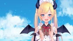 Rule 34 | 1girl, :d, bare shoulders, black sleeves, black wings, blonde hair, blue sky, blush, breasts, clapping, cleavage, cloud, cloudy sky, collared shirt, demon girl, demon horns, demon wings, detached sleeves, fang, frilled sleeves, frills, green eyes, hands up, highres, hololive, horns, large breasts, long hair, long sleeves, looking at viewer, maid headdress, meme, neon genesis evangelion, omedetou! (meme), open mouth, parody, pointy ears, see-through, shirt, sky, sleeveless, sleeveless shirt, smile, solo, twintails, upper body, virtual youtuber, white shirt, wings, yoshiheihe, yuzuki choco, yuzuki choco (maid)