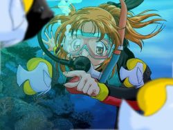 Rule 34 | 1girl, blurry, bodysuit, boku no tame ni kane wa naru, brown eyes, brown hair, bubble, coral, depth of field, diving, diving mask, diving suit, fish, game cg, goggles, pointing, scuba, snorkel, solo, underwater, water, wetsuit