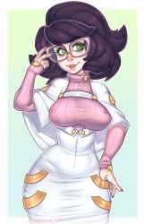 Rule 34 | 10s, 1girl, big hair, breasts, covered erect nipples, creatures (company), game freak, glasses, green eyes, large breasts, looking at viewer, nail polish, nintendo, pink-framed eyewear, pokemon, pokemon sm, purple hair, ribbed sweater, short hair, smile, solo, sweater, turtleneck, turtleneck sweater, wicke (pokemon), xenthyl