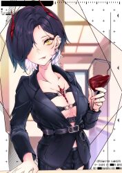 Rule 34 | 1girl, :p, alcohol, alternate costume, azur lane, belt, black belt, black hair, black shirt, black shorts, blush, bra strap, breasts, cleavage, collared shirt, commentary request, cup, drinking glass, earrings, hair over one eye, hand up, highres, holding, holding cup, horns, indoors, jewelry, large breasts, long sleeves, medium breasts, medium hair, mizuki kakeru (bukkake runrun tei), multicolored hair, open clothes, open shirt, shirt, shirt belt, shorts, slit pupils, smile, solo, tongue, tongue out, two-tone hair, ulrich von hutten (azur lane), white hair, wine, wine glass, yellow eyes