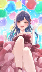 Rule 34 | 1girl, artist name, balloon, blue hair, blue sky, blush, commentary request, dress, feet out of frame, frilled dress, frills, hinata mizuiro, holding, holding balloon, knees up, long hair, looking at viewer, off shoulder, open mouth, project sekai, red dress, shiraishi an, sky, smile, solo, strapless, strapless dress, yellow eyes