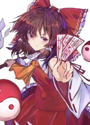 Rule 34 | 1girl, ascot, bad id, bad twitter id, between fingers, bow, brown hair, card, closed mouth, cowboy shot, gohei, hair bow, hair tubes, hakurei reimu, holding, holding card, long sleeves, looking at viewer, medium hair, nari (bikkii), ofuda, orb, red bow, red eyes, ribbon-trimmed sleeves, ribbon trim, shide, simple background, solo, standing, touhou, white background, wide sleeves, yellow ascot, yin yang, yin yang orb