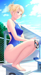 Rule 34 | 1girl, asics, bag, barefoot, blonde hair, blue one-piece swimsuit, breasts, chain-link fence, cloud, competition swimsuit, covered erect nipples, day, duffel bag, feet, fence, goggles, highleg, highleg swimsuit, highres, kuri (kurigohan), medium breasts, one-piece swimsuit, outdoors, pink eyes, ponytail, purple eyes, shiny clothes, short hair, skin tight, sky, smile, solo, squatting, swim cap, swimsuit