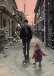 Rule 34 | 1boy, 1girl, black coat, blush, boots, brown hair, coat, fence, fur hat, gutter, hand in pocket, hat, height difference, house, lamppost, mittens, open clothes, open coat, open mouth, original, outdoors, peacoat, pink sky, plant, red coat, red scarf, reengirl, scarf, sky, smile, snow, snowing, standing, ushanka, walking, wall