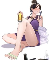 Rule 34 | 1girl, babydoll, barefoot, black hair, blush, breasts, camisole, can, cardigan, cleavage, collarbone, drunk, feet, frilled babydoll, frills, highres, holding, holding can, knee up, large breasts, legs, lingerie, long hair, looking at viewer, nail polish, negligee, nekotokage, nightgown, nijisanji, open cardigan, open clothes, orange eyes, purple babydoll, shirayuki tomoe, shirayuki tomoe (7th costume), solo, spaghetti strap, spread toes, toenails, toes, underwear, underwear only, virtual youtuber