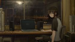 Rule 34 | 1girl, androgynous, barefoot, blue eyes, brown hair, cable, child, cityscape, closed mouth, commentary request, computer, computer tower, condensation, crossed legs, desk, highres, indoors, lamp, laptop, light, loading screen, looking at viewer, mouse (computer), muted color, night, on chair, original, pants, raglan sleeves, reflection, revision, roomscape, scenery, serial experiments lain, shion (mirudakemann), short hair, sitting, soles, solo, speaker, swivel chair, toes, track pants, window