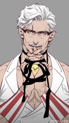Rule 34 | 1boy, alternate pectoral size, bara, bare shoulders, bird, black-framed eyewear, chick, colonel sanders, facial hair, glasses, grey background, i reibun, interlocked fingers, kfc, large pectorals, looking at viewer, male focus, mature male, muscular, muscular male, mustache, old, old man, own hands together, pectoral cleavage, pectorals, short hair, sideburns, smile, solo, upper body, white hair, wrinkled skin