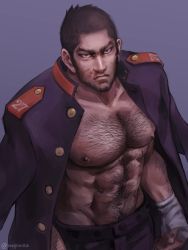 Rule 34 | 1boy, abs, bandages, bandaged hand, bara, bare pectorals, beard, black hair, black pants, blood, blood on face, blue jacket, buttons, buzz cut, chest hair, facial hair, feet out of frame, golden kamuy, jacket, jacket on shoulders, large pectorals, looking up, male focus, mature male, muscular, muscular male, navel, navel hair, nipples, nopinzo, nosebleed, open clothes, open jacket, pants, pectorals, short hair, solo, stomach, tanigaki genjirou, thick eyebrows, very short hair