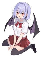 Rule 34 | 1girl, :d, alternate costume, bat wings, between legs, black thighhighs, blue hair, blush, bow, bowtie, breasts, commentary request, from above, full body, hand between legs, highres, hyurasan, looking at viewer, medium hair, no headwear, open mouth, pleated skirt, red bow, red bowtie, red eyes, red skirt, remilia scarlet, shirt, short sleeves, simple background, sitting, skirt, small breasts, smile, solo, thighhighs, touhou, v arms, wariza, white background, white shirt, wing collar, wings