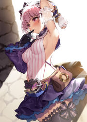 Rule 34 | 1girl, armpits, asymmetrical gloves, atelier (series), atelier lydie &amp; suelle, belt, black gloves, black thighhighs, blunt bangs, blurry, blurry background, blush, bow, breasts, brown belt, closed mouth, cowboy shot, depth of field, detached sleeves, embarrassed, finger to mouth, fingerless gloves, gloves, hairband, hand up, index finger raised, leotard, lydie marlen, medium breasts, medium hair, miniskirt, mismatched gloves, partially fingerless gloves, pink eyes, pink hair, pink leotard, pouch, presenting armpit, purple skirt, sideboob, single detached sleeve, single fingerless glove, skirt, solo, standing, striped clothes, striped leotard, sweat, thighhighs, wide sleeves, xe (execut3r), zettai ryouiki