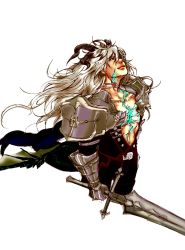 Rule 34 | 1boy, armor, balmung (fate/apocrypha), belt, belt buckle, buckle, dragon horns, dragon wings, fate/apocrypha, fate (series), gauntlets, glowing, highres, holding, holding sword, holding weapon, horns, long hair, looking up, male focus, moyashi san4, multiple horns, open clothes, open shirt, scar, scar on chest, shoulder armor, siegfried (fate), silver hair, simple background, smile, solo, sword, v-neck, weapon, white background, wings