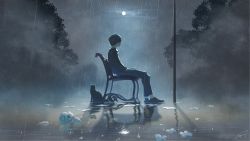 Rule 34 | 1boy, aky ami, animal, bench, black cat, black hair, cat, commentary request, fog, from side, highres, long sleeves, looking to the side, moon, night, night sky, on bench, original, paper, park bench, radish, rain, reflection, shoes, short hair, sidelighting, signature, sitting, sky, sleeves rolled up, sneakers, solo