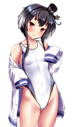Rule 34 | 1girl, alternate costume, anchor, anchor symbol, bare shoulders, black hair, blush, breasts, brown eyes, buttons, closed mouth, collarbone, competition swimsuit, covered navel, cowboy shot, gradient hair, grey hair, groin, hair between eyes, hairband, hat, head tilt, headgear, highleg, highleg swimsuit, highres, kantai collection, long sleeves, looking at viewer, mini hat, multicolored hair, one-piece swimsuit, short hair with long locks, sidelocks, simple background, skindentation, small breasts, smile, solo, standing, swimsuit, swimsuit under clothes, thighs, tokitsukaze (kancolle), tsuchimiya, white background, white one-piece swimsuit